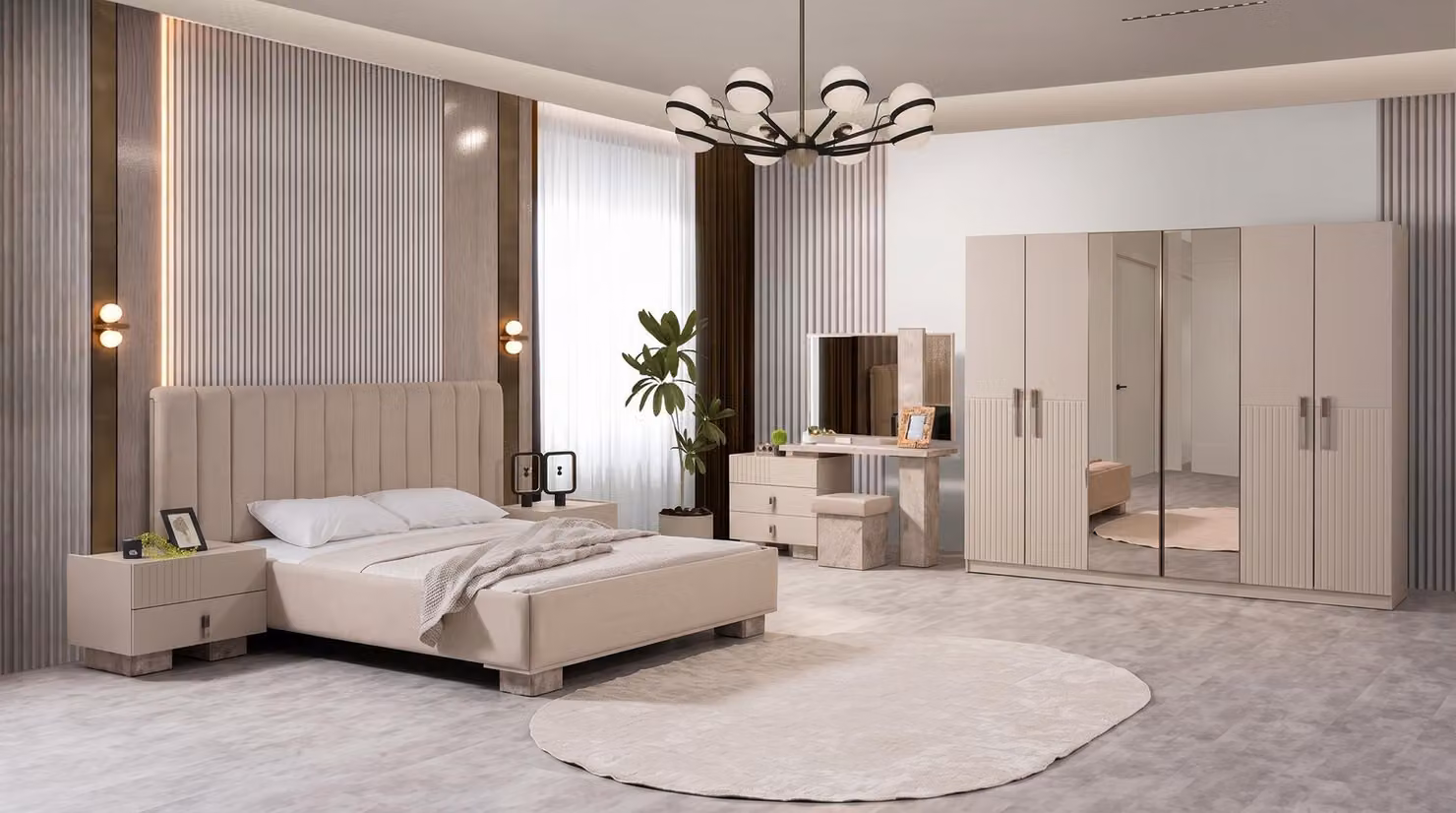 Set di mobili da camera da letto color beige, composto da: letto, armadio, comò, due comodini, design moderno