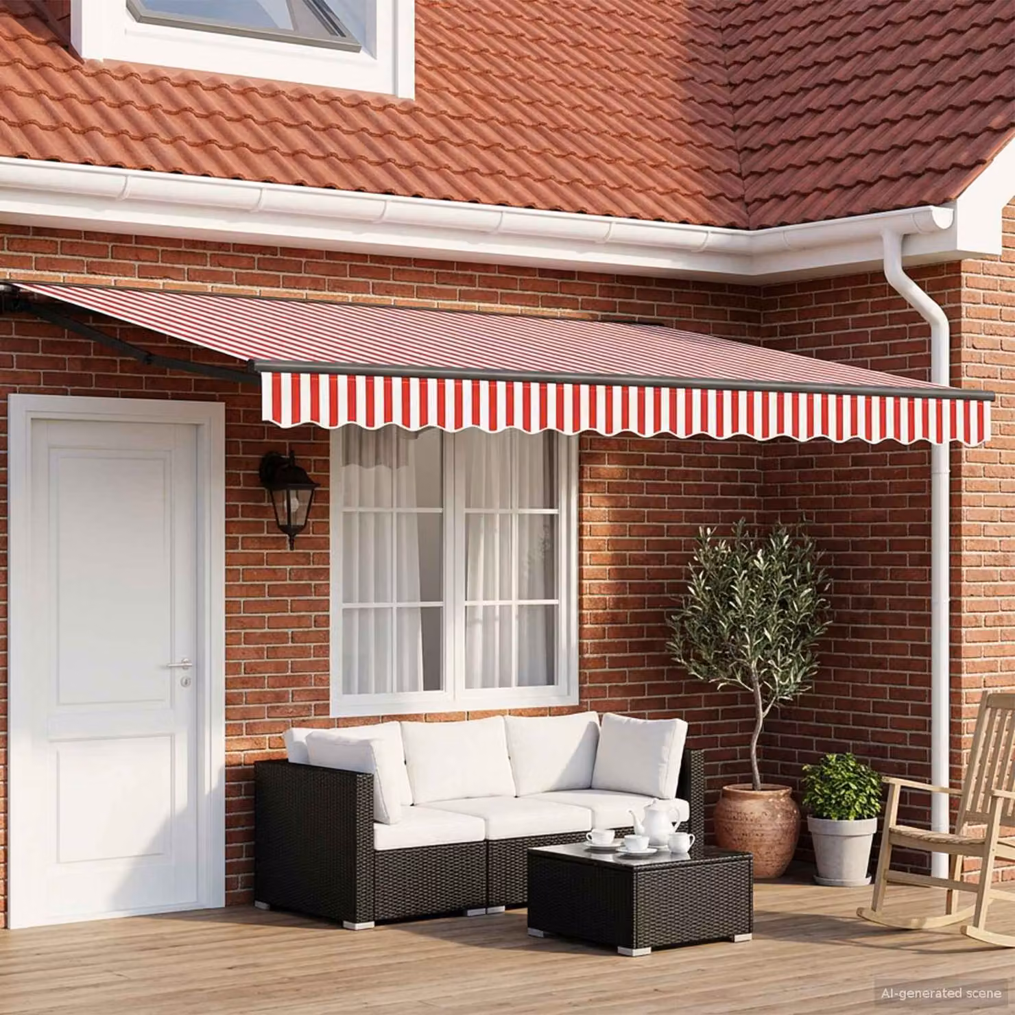Tenda retrattile manuale semi-cassonetto vidaXL in poliestere e acciaio, Rosso e Bianco, L: 450 cm, P: 345 cm