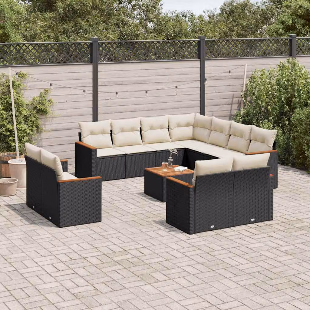 Set di divani da giardino vidaXL a forma di U in polyrattan nero con cuscini e tavolino da caffè – 1