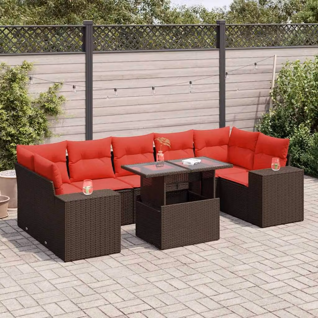 Set Divani da Giardino vidaXL 8 pz in Polyrattan Marrone con Cuscini e Tavolino da Caffè