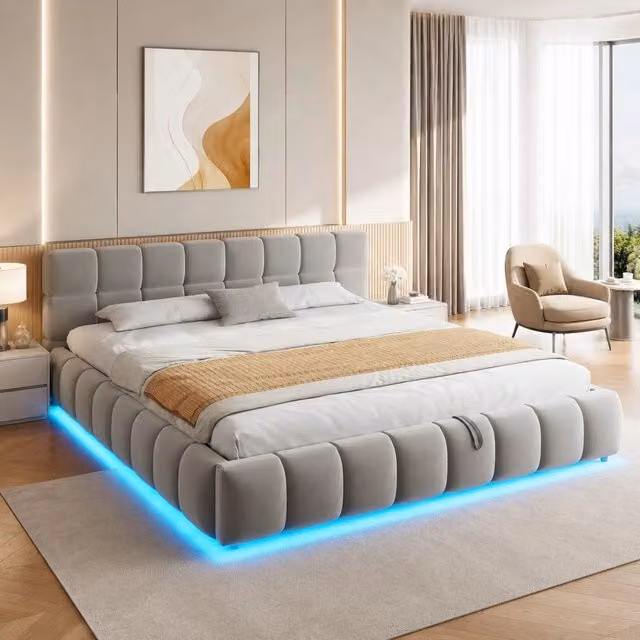 Letto matrimoniale imbottito 180x200 cm con contenitore idraulico LED; velluto grigio