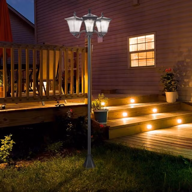 Lampione solare a tre luci OKWISH in acciaio inox nero e argento con sensore crepuscolare e protezione IP44 per giardino e terrazza L/P/H: 51,5 x 47 x 182,5 cm