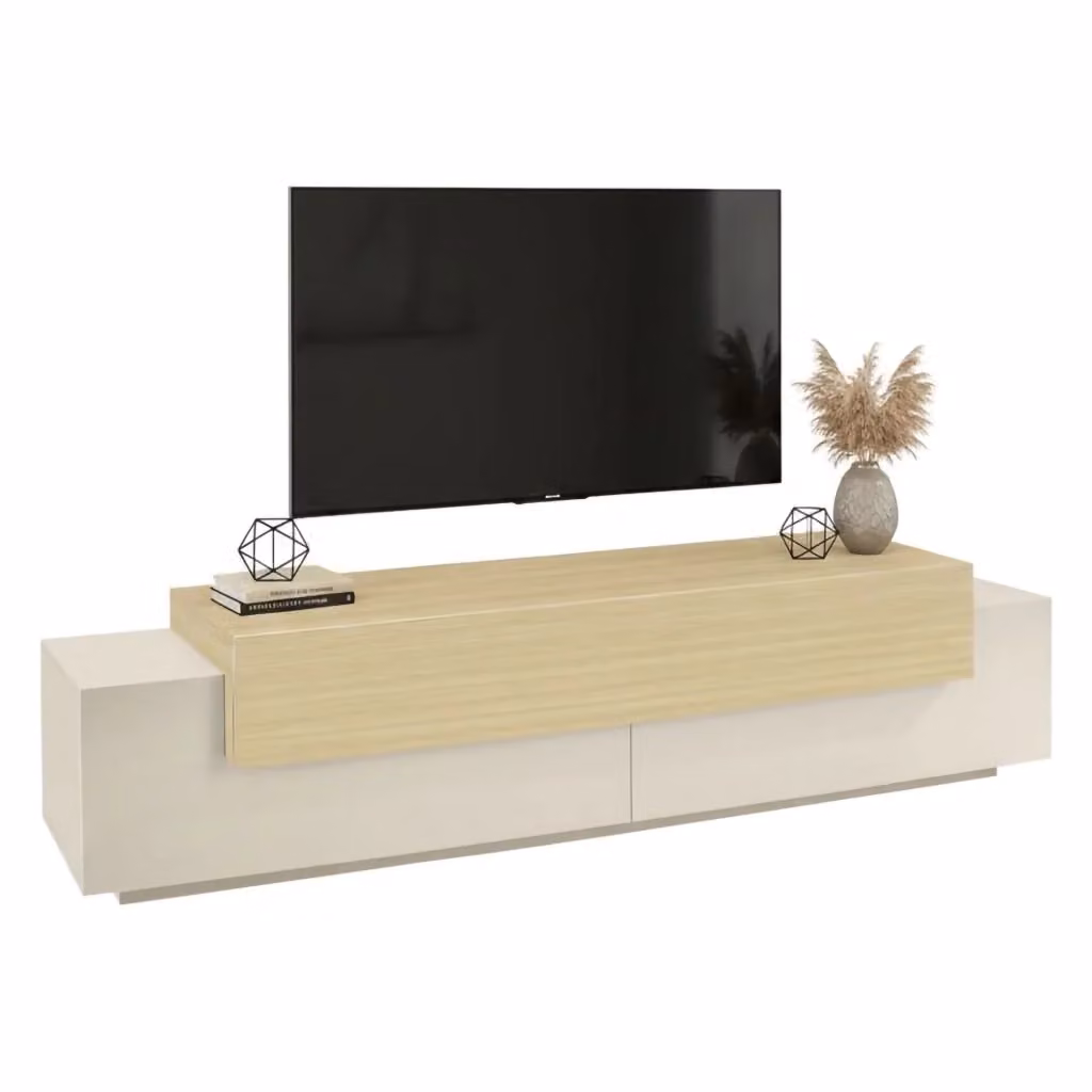 Mobile porta TV Cassino DMORA con 3 ripiani, design moderno in legno e metallo, colore beige, L: 200 cm, P: 45 cm, H: 51,5 cm – 2