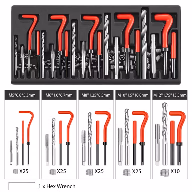 Kit di riparazione filettature - Utensile per filettature - 131 pezzi - M5, M6, M8, M10, M12 - Acciaio al carbonio ad alta resistenza - Per la riparazione di filettature danneggiate