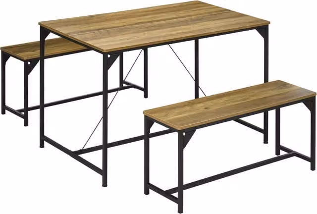 Set tavolo da pranzo XYLO con 2 panche in legno e metallo per 4 persone, colore naturale e nero