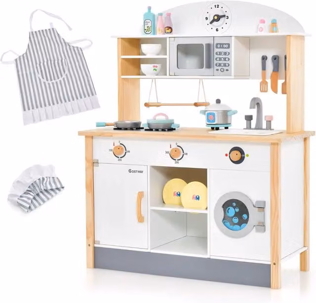Cucina giocattolo per bambini in legno con 17 accessori, colore bianco, L: 79 cm, P: 35 cm, H: 98 cm