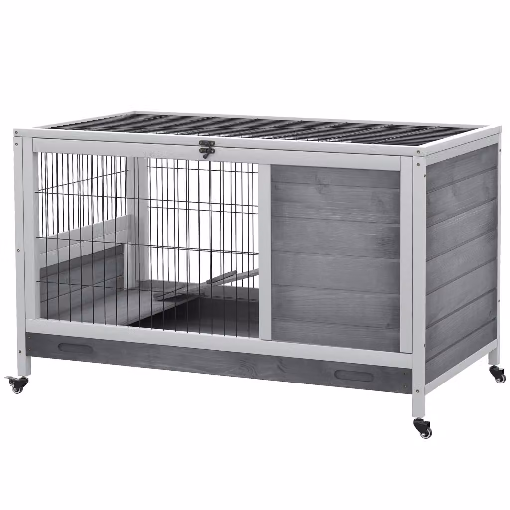 Conigliera in legno di abete con rampa e 4 ruote, casetta per piccoli animali, L: 90 cm, P: 53 cm, H: 59 cm, Grigio – 2