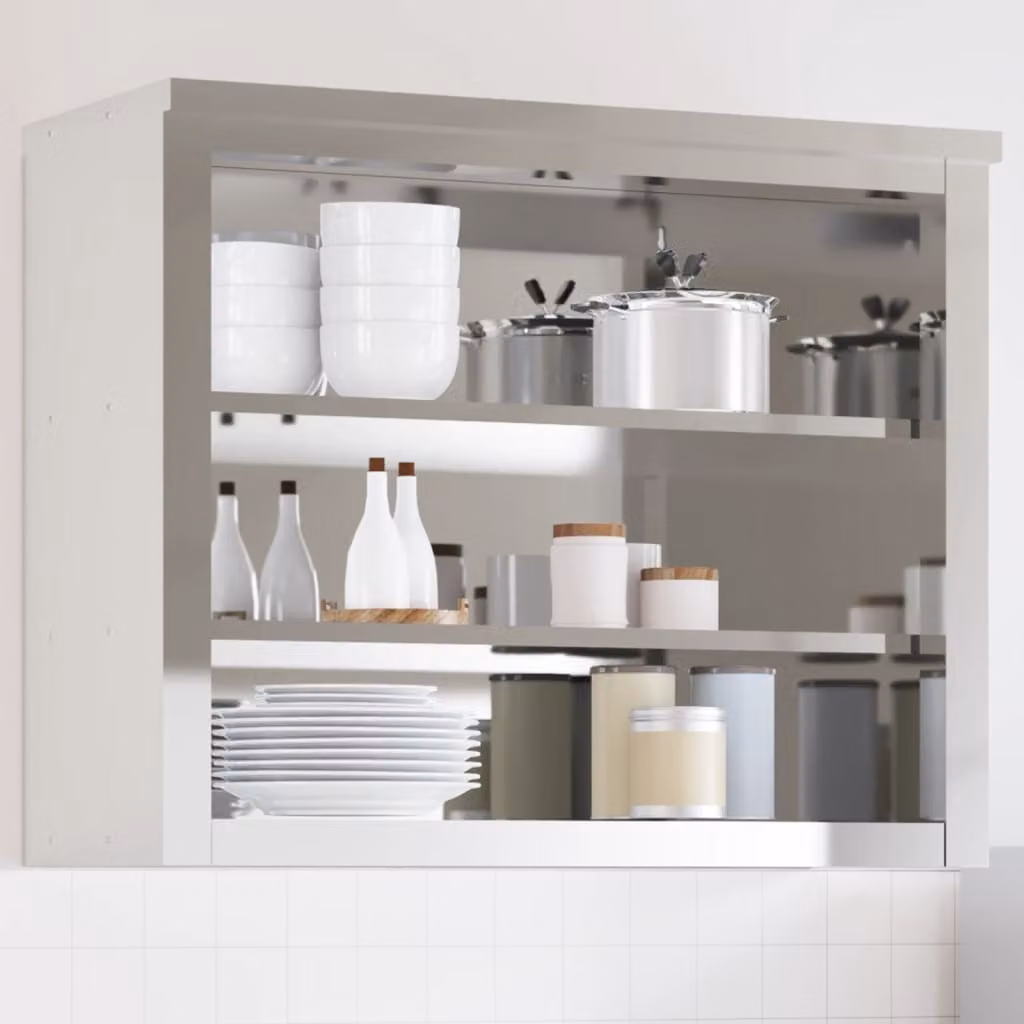 vidaXL Mobile Cucina da Parete in Metallo Argento con Ripiani in Acciaio Inossidabile L: 92 cm, H: 75 cm, P: 40 cm