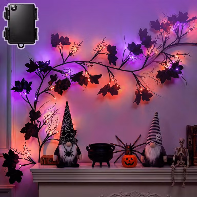 Catena luminosa a tema Halloween, lunghezza 1,8 metri, 54 LED, foglie nere, con timer, impermeabile