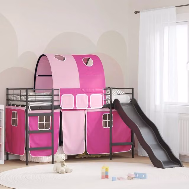 Letto a castello per bambini con tende Nero e rosa 100 x 190 cm 42020847