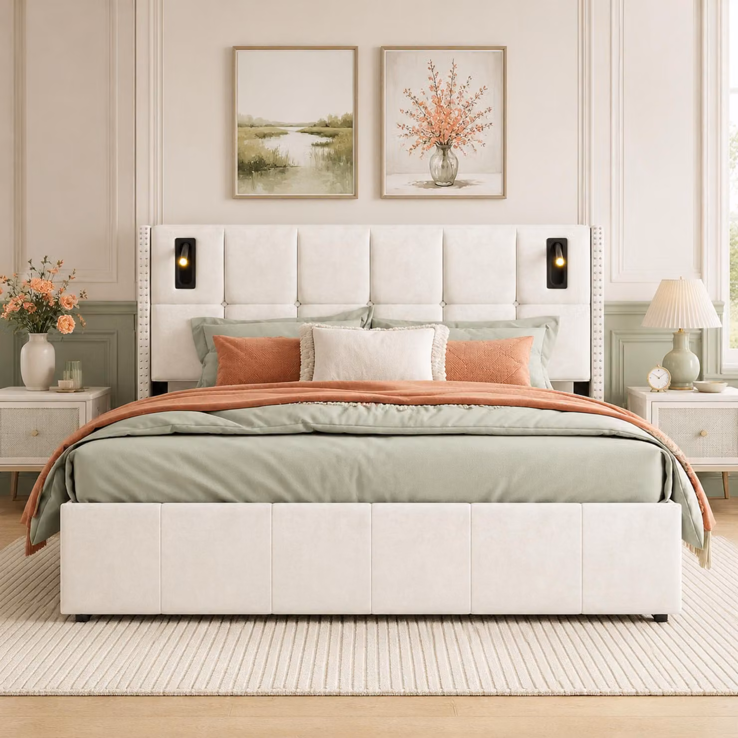 Letto imbottito INONEFT 140x200 cm con LED e porta USB di tipo C, letto con box e contenitore, letto matrimoniale per giovani con spazio contenitivo, rivestito in velluto color beige