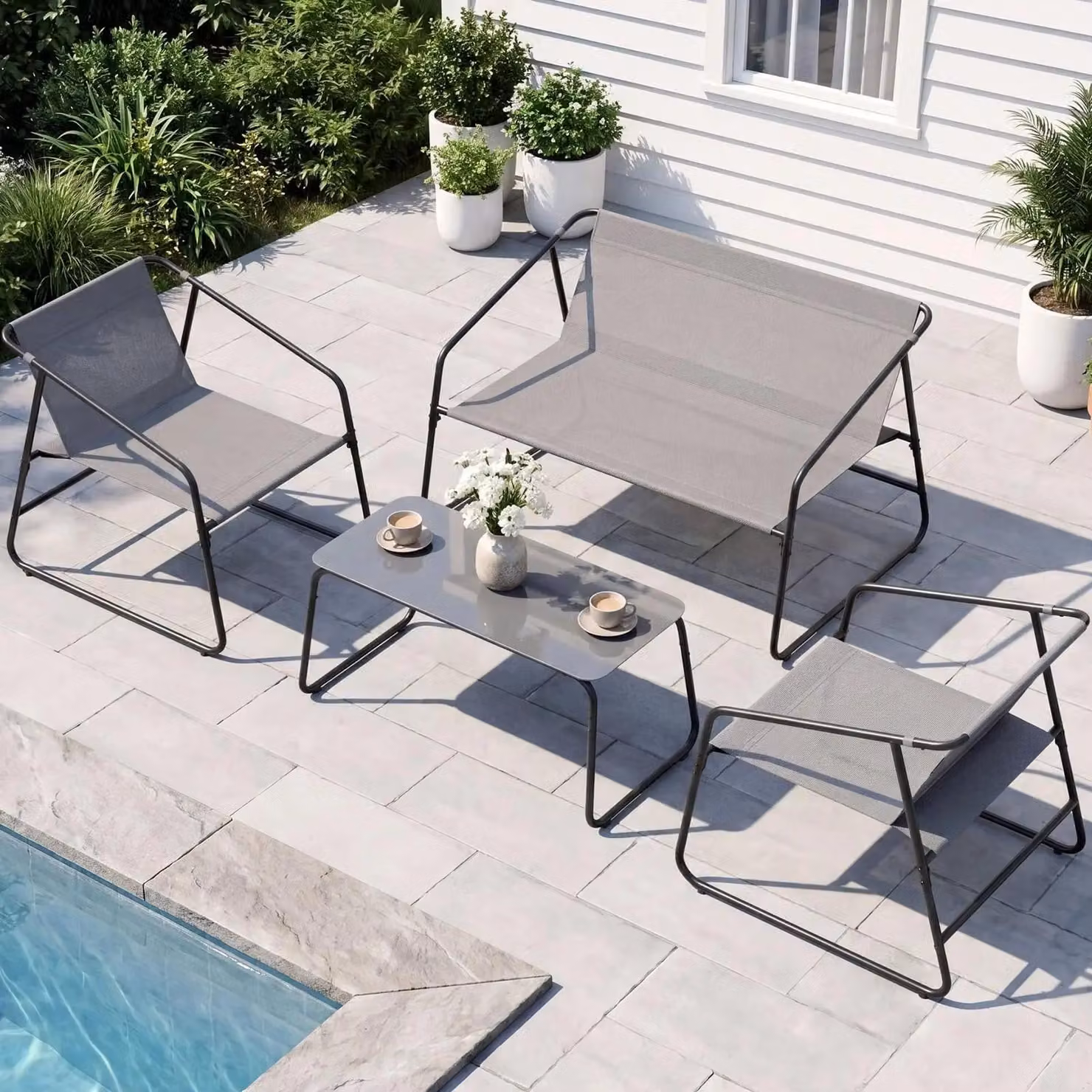 Arredamento da giardino - Set da 4 pezzi - 2 sedie, 1 panca, 1 tavolo - Per 4 persone - Tessuto Textilene - Struttura in metallo pieghevole, resistente agli agenti atmosferici - Grigio, stile 2