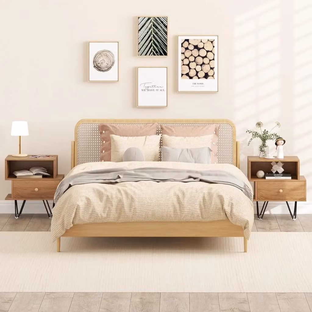 Set di 2 comodini mid-century con cassetto rimovibile e scomparto aperto, gambe in metallo, colore naturale beige e marrone – 2
