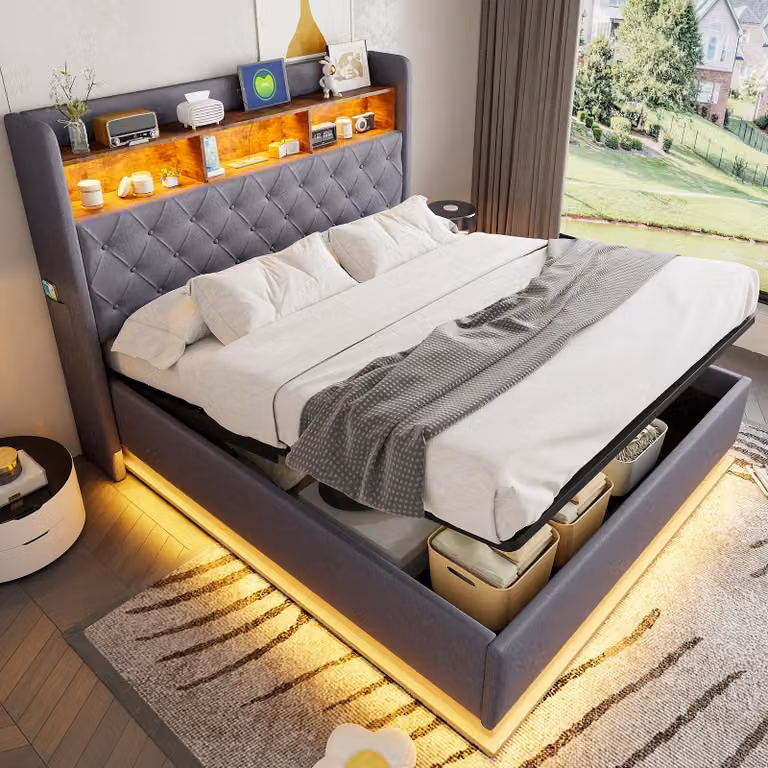 Letto imbottito Merax LED 160x200 cm, letto contenitore con connessione di ricarica USB, rete idraulica con robusta struttura in metallo, grigio