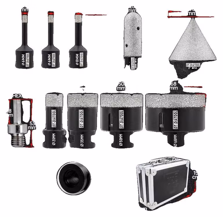 Set di punte per carotaggio, rivestimento diamantato, compatibilità M14, valigetta da 10 pezzi, filettatura M14