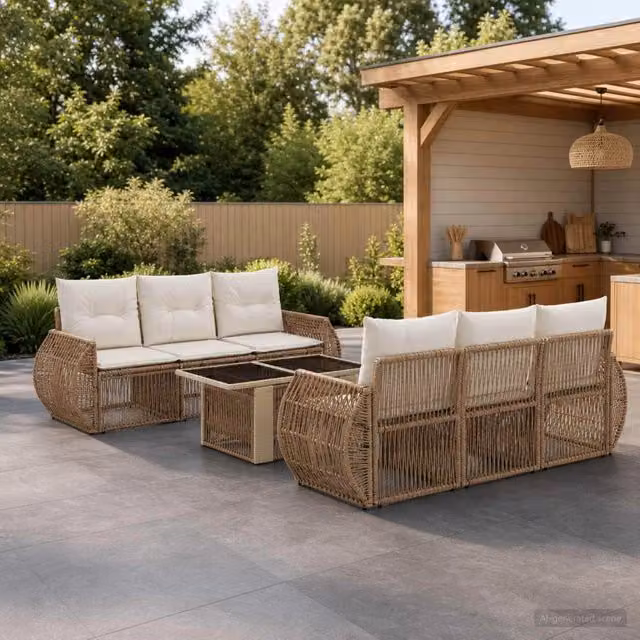 Set Divano da Giardino 7 Pezzi vidaXL in Polyrattan Beige e Bianco con Cuscini e Tavolino da Caffè