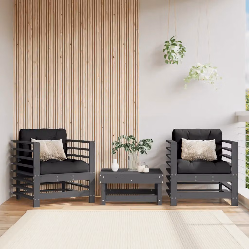 Set di 2 sedie da giardino vidaXL in legno di pino grigio con cuscini e braccioli