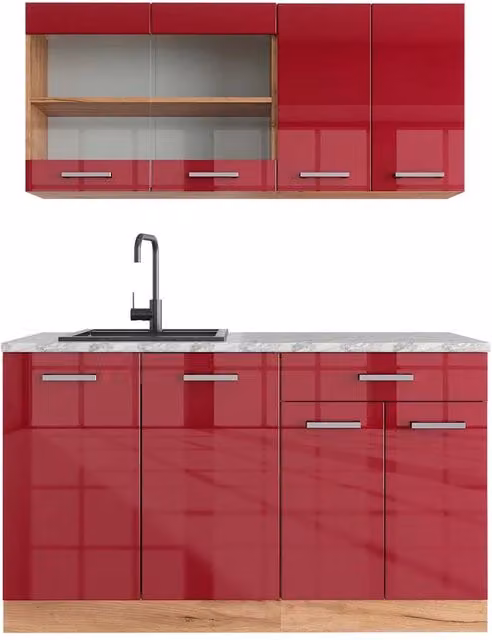 Cucina monoblocco R-Line Rosso lucido/Rovere dorato 140 cm, PL Marmo Vicco