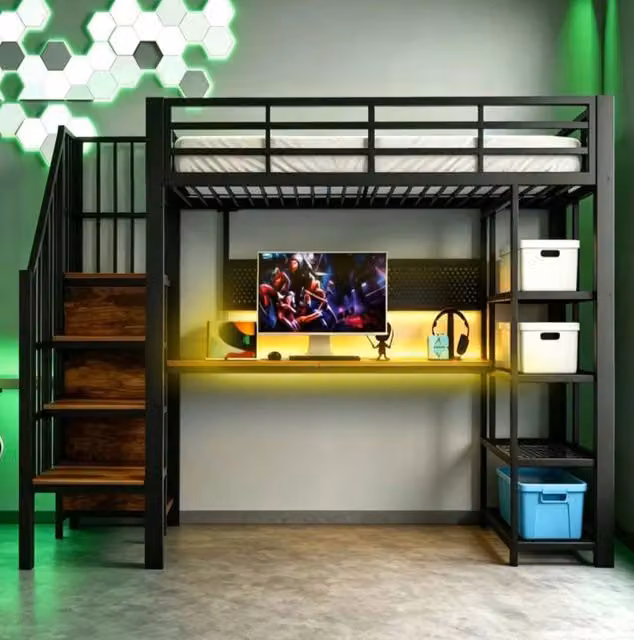 Letto a soppalco multifunzione 90x200 cm con LED; prese; scala contenitore e scaffali; nero