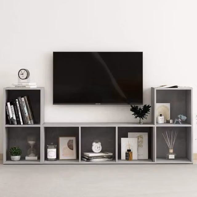 Set di 3 mobili TV vidaXL in legno e MDF, colore grigio, stile classico per soggiorno, L: 107 cm, P: 35 cm, H: 37 cm