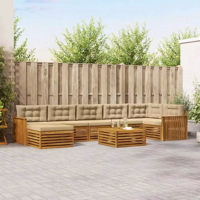 Set di divani da esterno vidaXL a forma di L in legno di acacia con tavolino e pouf, colore beige e marrone – 1