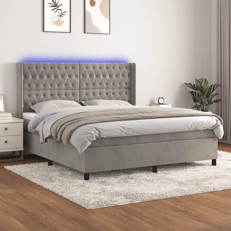 Letto Ibrido vidaXL in Velluto Grigio Chiaro con Materasso a Molle a Tasche, Illuminazione LED e Porte USB, L/P: 180 x 200 cm