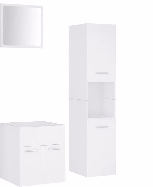 Set Mobili da Bagno Moderno Bianco con Mobile Lavabo, Colonna e Armadietto Specchio in MDF Opaco