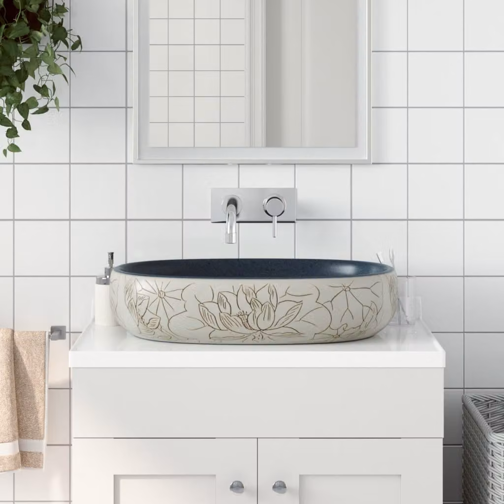 Lavabo da appoggio ovale vidaXL in ceramica, colori sabbia e blu, L: 59 cm, P: 40 cm, H: 14 cm