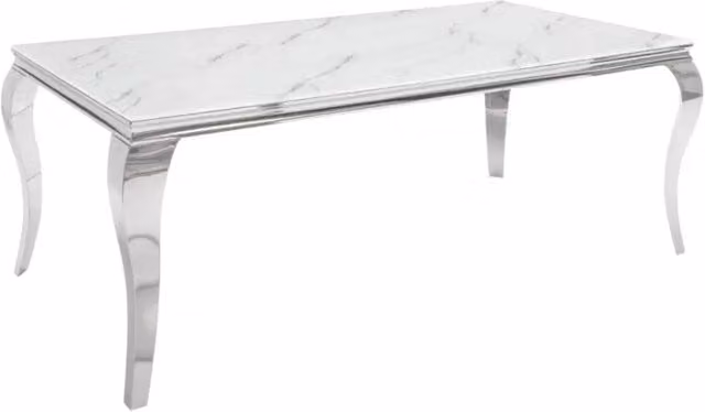 Tavolo da pranzo VELENA 180 cm – Piano in vetro effetto marmo bianco – Struttura in acciaio argentato
