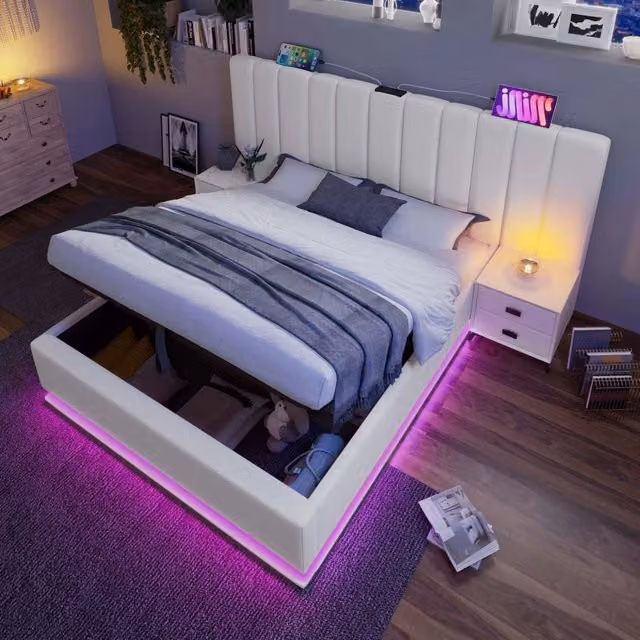 Letto matrimoniale 180x200 contenitore con LED; USB-C; PU bianco
