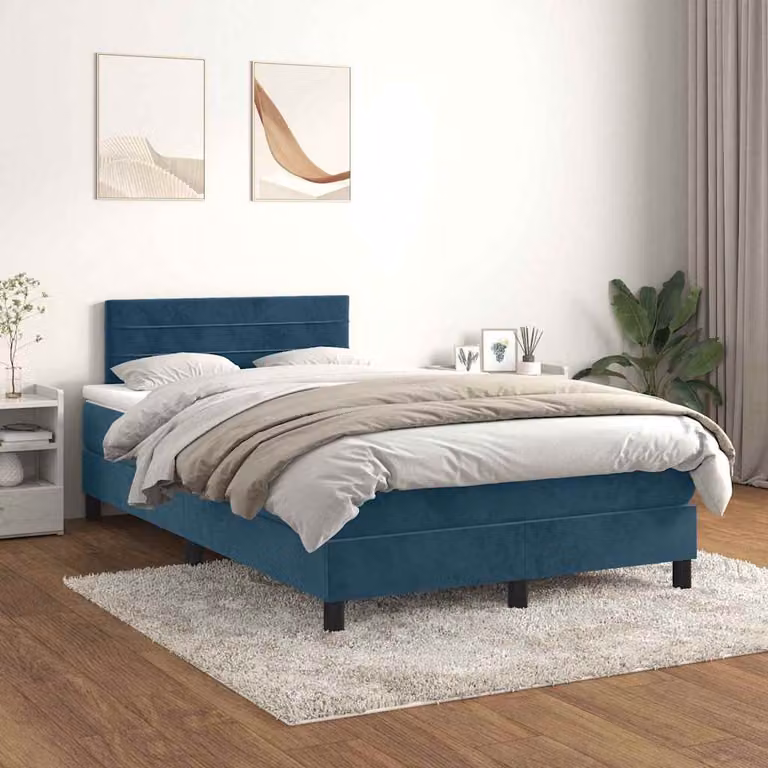 vidaXL Giroletto a Molle con Materasso Ibrido in Velluto Blu e Bianco L/P/H: 120 x 200 x 88 cm