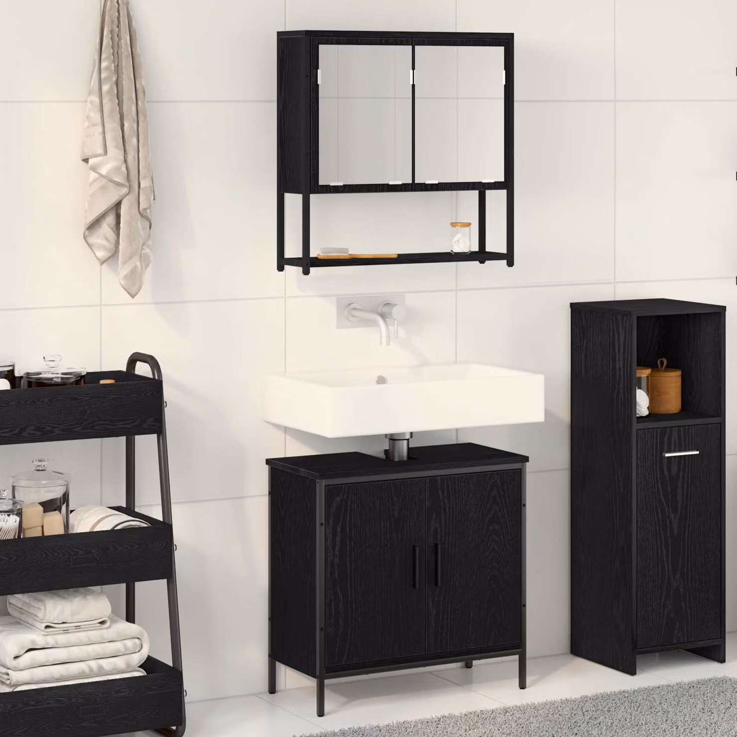 Set di mobili per il bagno vidaXL composto da mobile lavabo e armadietto con specchio, nero opaco, L 60 x P 30 x H 60 cm