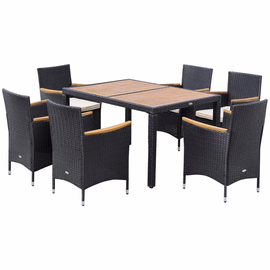 Set da Giardino Moderno di 7 Pezzi in Polyrattan e Legno di Acacia con Cuscini, Nero – 2