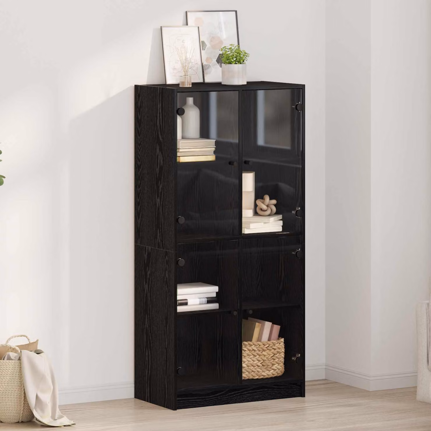 Credenza moderna vidaXL in legno e metallo, colore nero e trasparente, L: 68 cm, P: 37 cm, H: 142 cm – 1