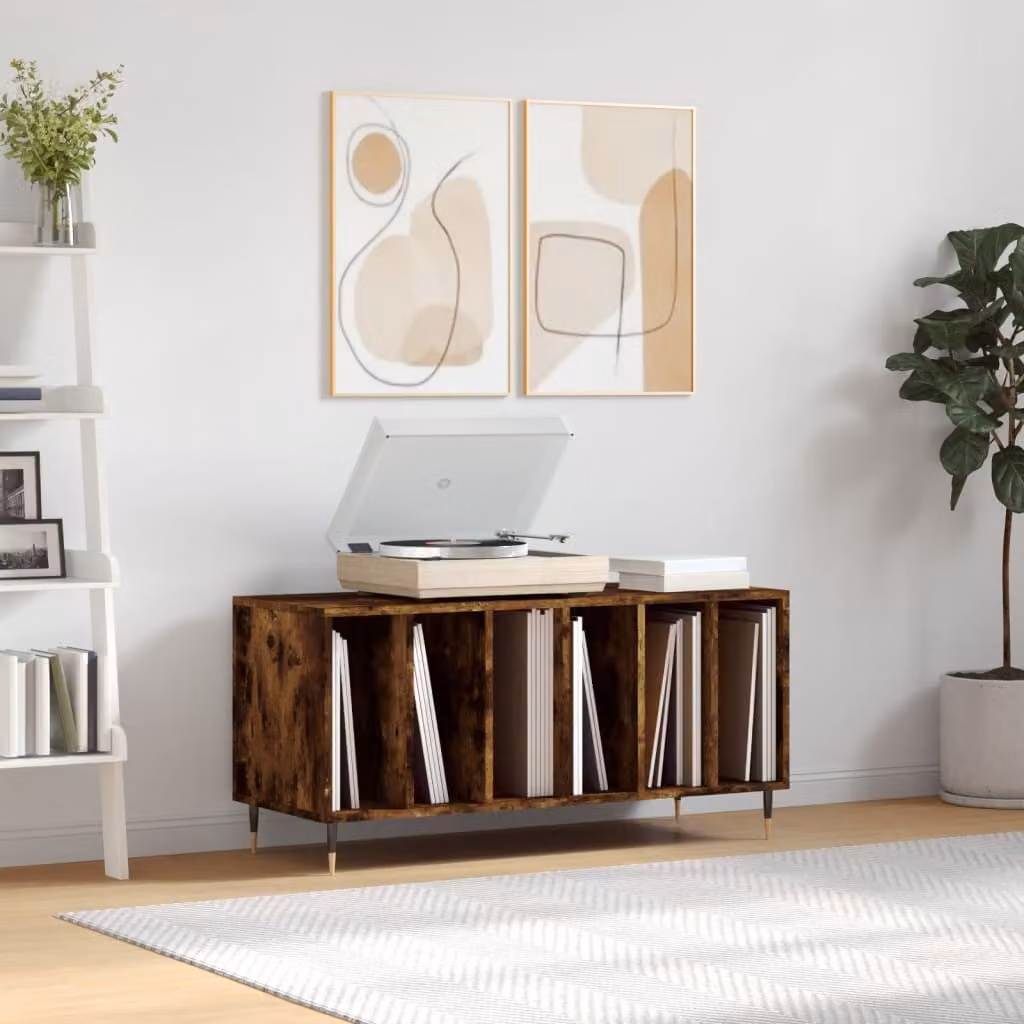 vidaXL Mobile Porta Dischi in Rovere Fumo con Ruote, Stile Industrial in Legno e Metallo, L 100 cm x P 38 cm x H 48 cm