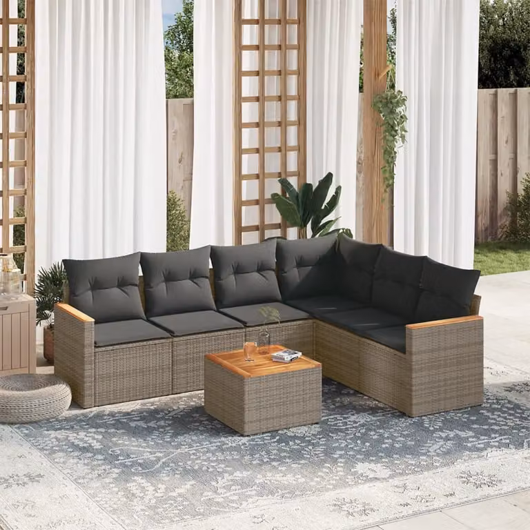 vidaXL Set Divani da Giardino 7 pz con Cuscini Grigio in Polyrattan e Tavolino da Esterno