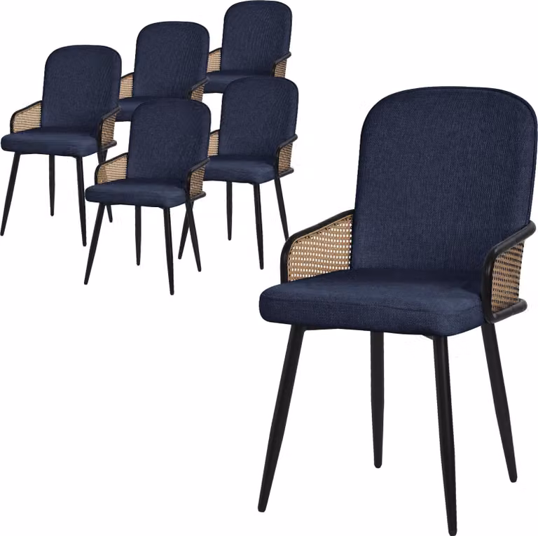 ML-Design set di 6 sedie da pranzo blu scuro rivestite in tessuto con braccioli in rattan Sedie imbottite con gambe in metallo Poltrona ergonomica
