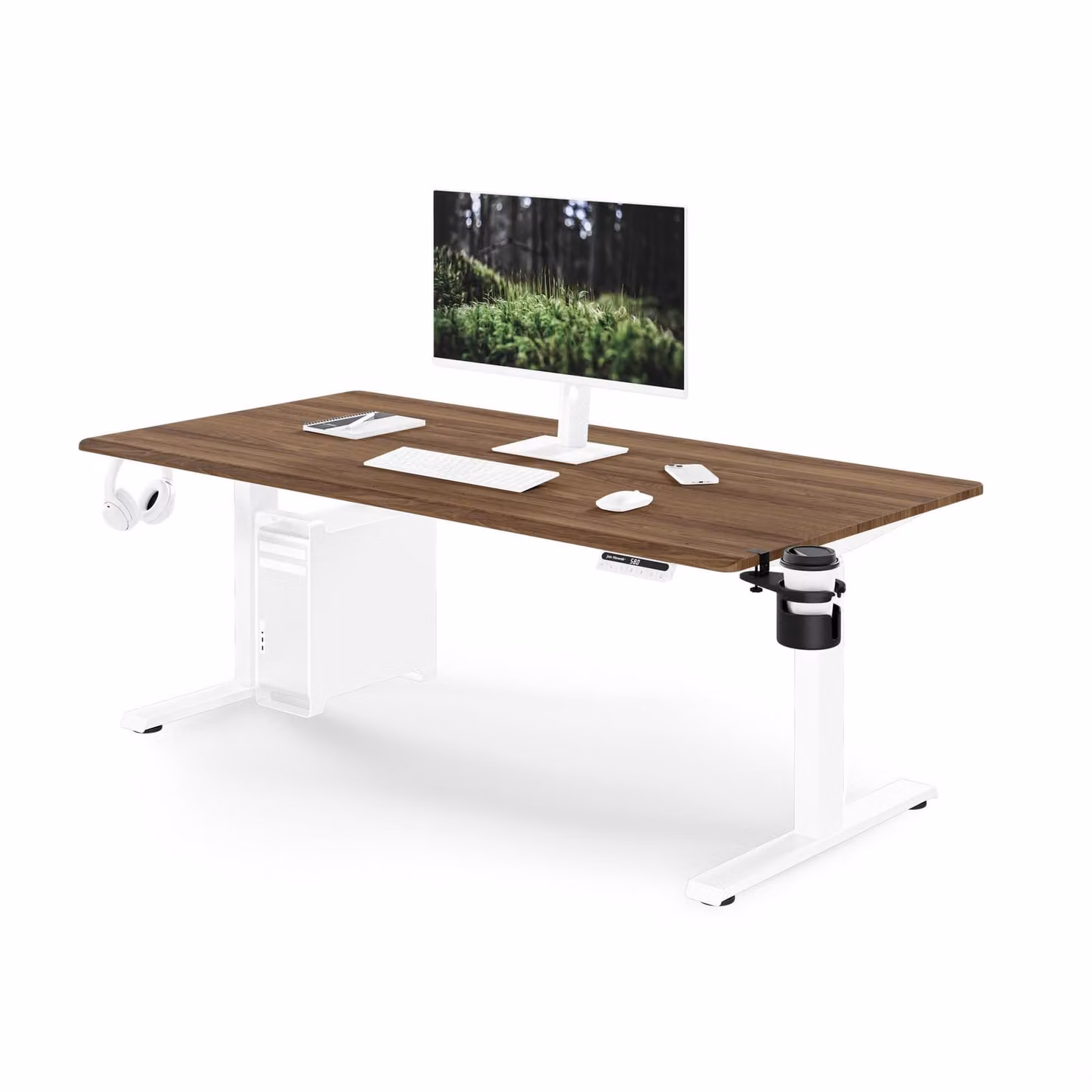 Scrivania ergonomica, regolabile in altezza, bianca/noce: 160 x 80 cm: ARIA