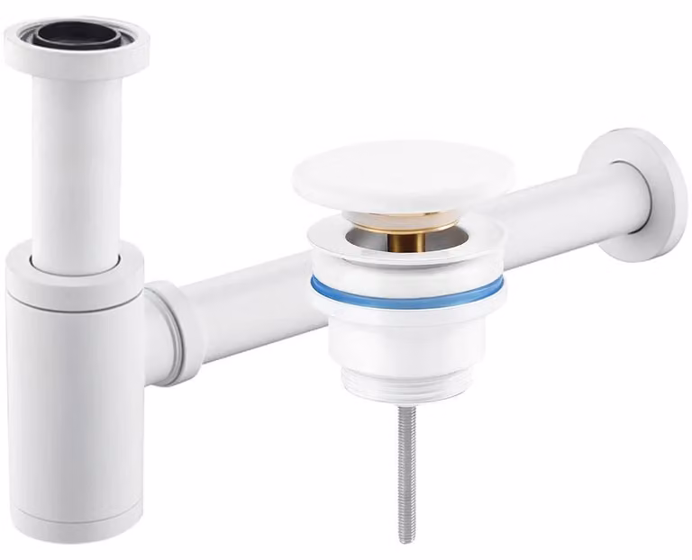 CERANO - Sifone per lavabo - ottone - DN32 mm con scarico click-clack e troppopieno - tappo in Vetroceramica - bianco