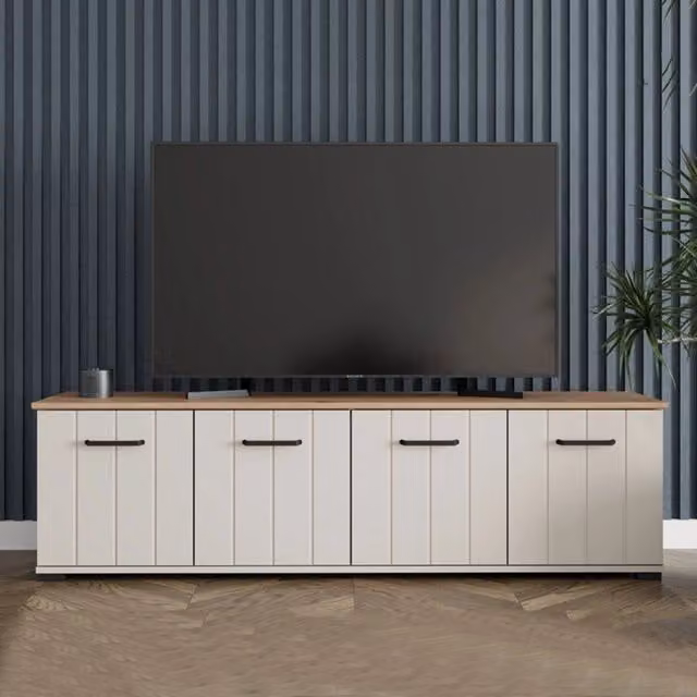 Mobile porta TV DMORA con un ripiano, design moderno in legno bianco e crema, L: 156 cm, P: 40 cm, H: 44 cm – 1