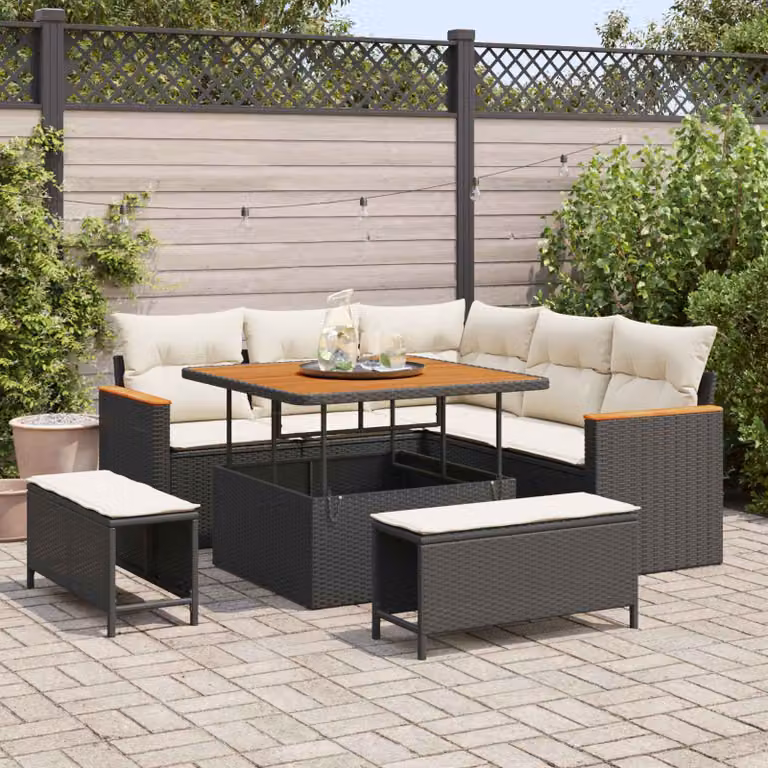 Set Divano da Giardino Moderno vidaXL in Polyrattan Nero e Beige con Cuscini e Tavolino da 8 Pezzi