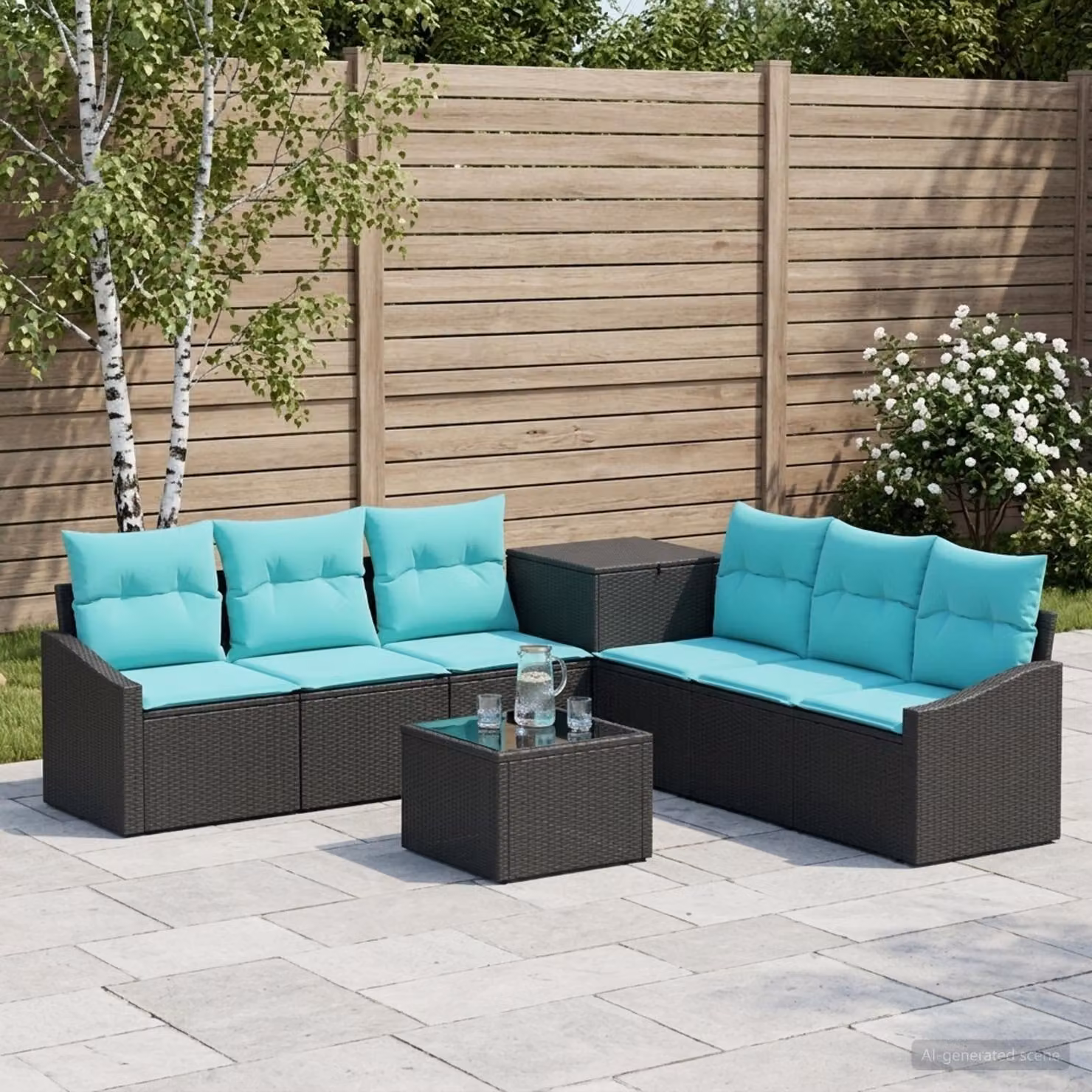 vidaXL Set di divani da giardino a L composto da 8 pezzi in polyrattan e metallo, colore nero e blu