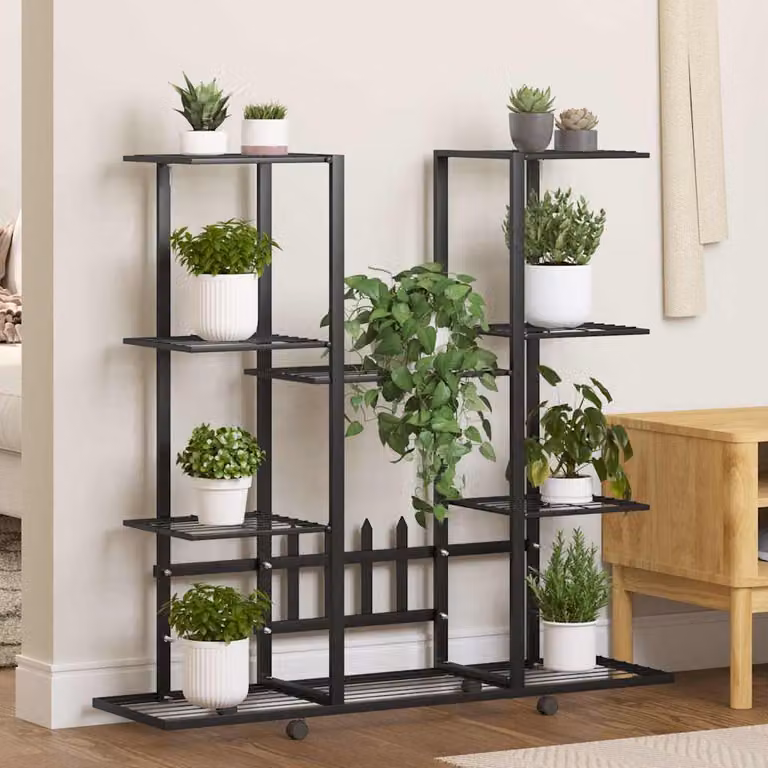 vidaXL Portafiori Moderno in Metallo Nero con Ruote L: 94,5 cm, P: 24,5 cm, H: 91,5 cm