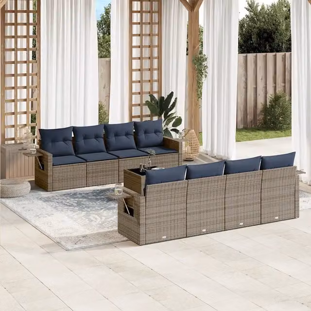 Set Divani da Giardino 9 pz con Cuscini Grigio in Polyrattan 3219950