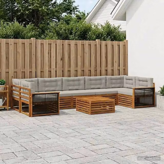 Set di divani da esterno a L con tavolino vidaXL in legno di acacia, beige e grigio, composto da 8 pezzi con cuscini inclusi – 1