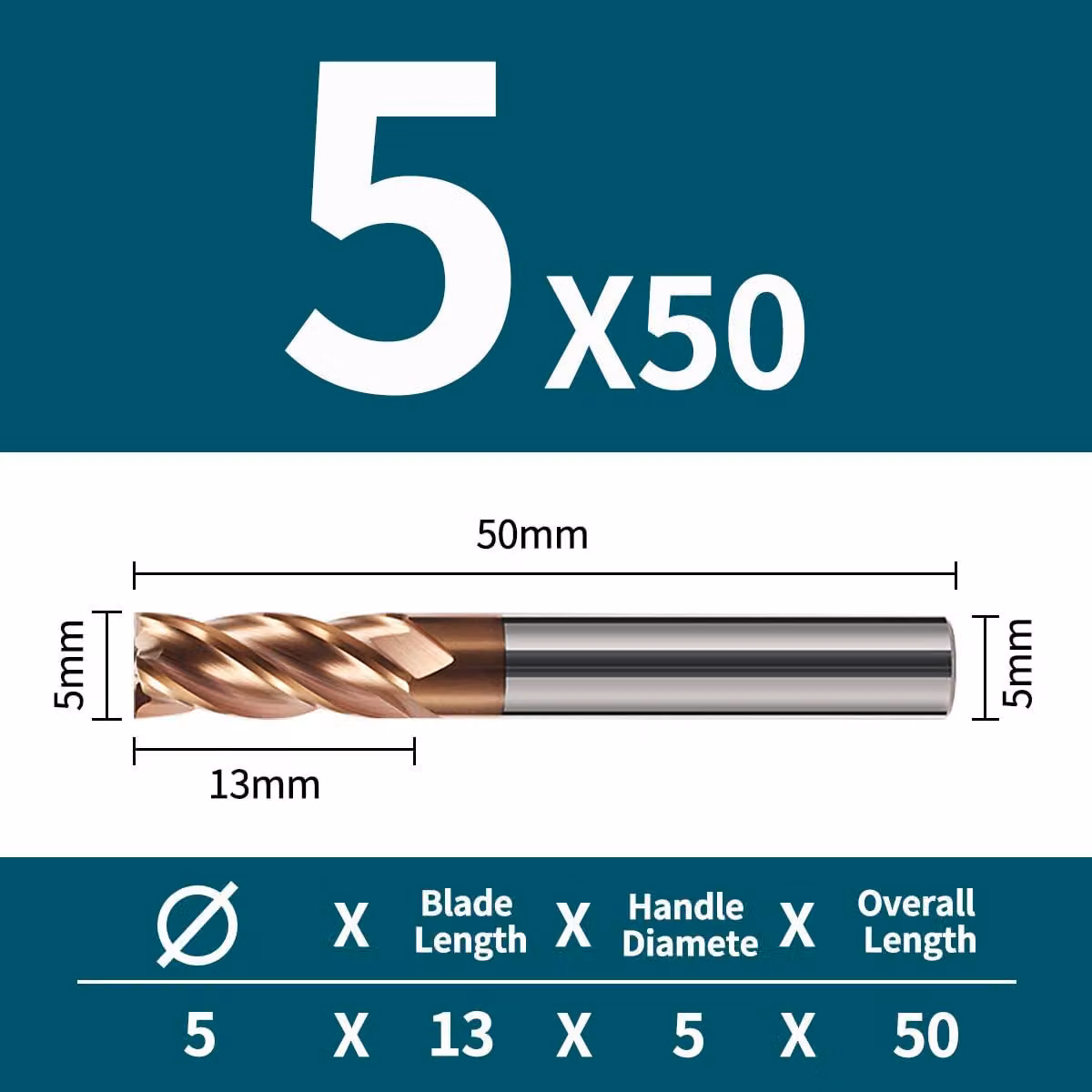 Freccia a fusto in metallo duro, 5,0 x 50 mm, 4 taglienti, rivestimento TiSiN, durezza HRC 55