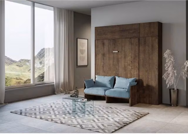 Letto matrimoniale a scomparsa Kentaro ITAMOBY con divano e mobili, azzurro e noce