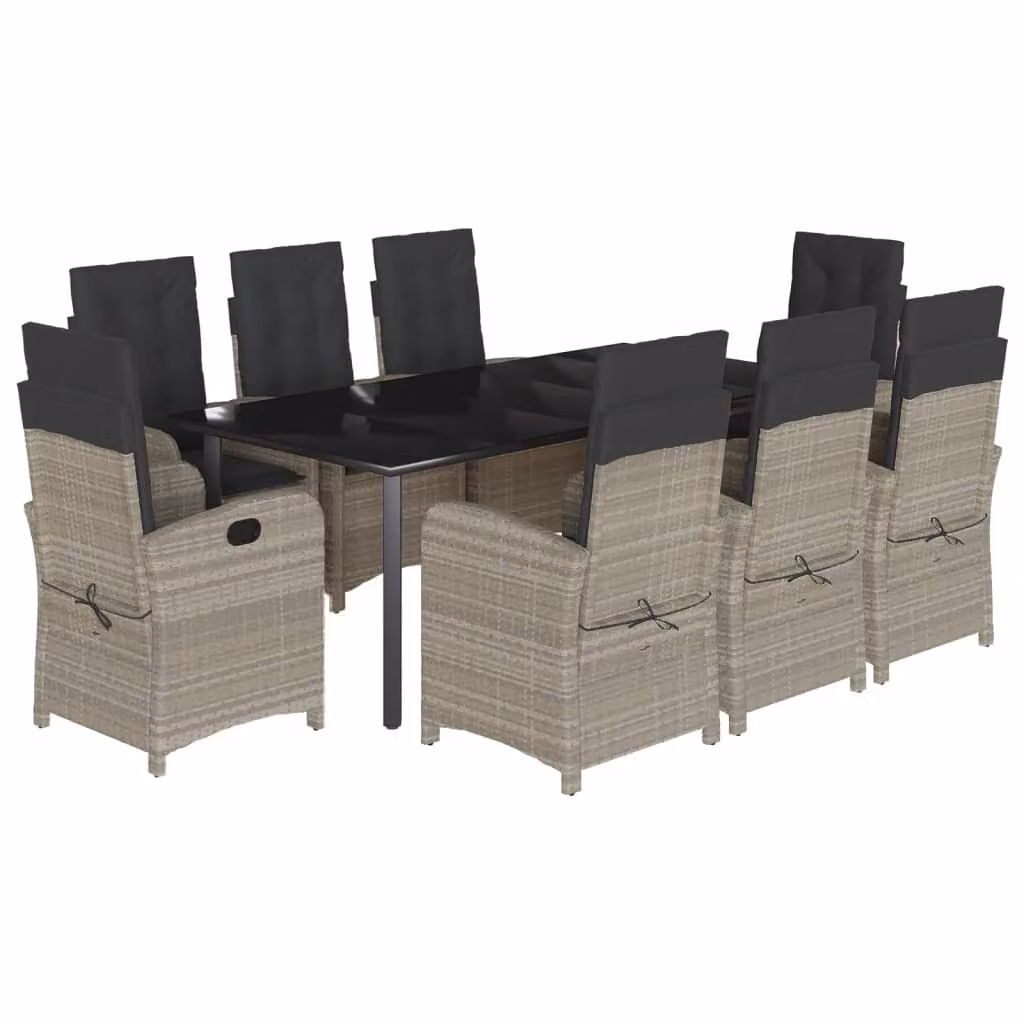Set Pranzo da Giardino 9pz con Cuscini Grigio Chiaro Polyrattan