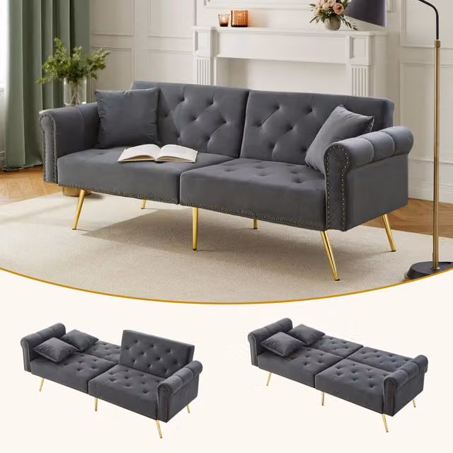 Divano letto moderno 2 posti - Zephmum- Velluto, schienale regolabile 3 posizioni, piedi dorati