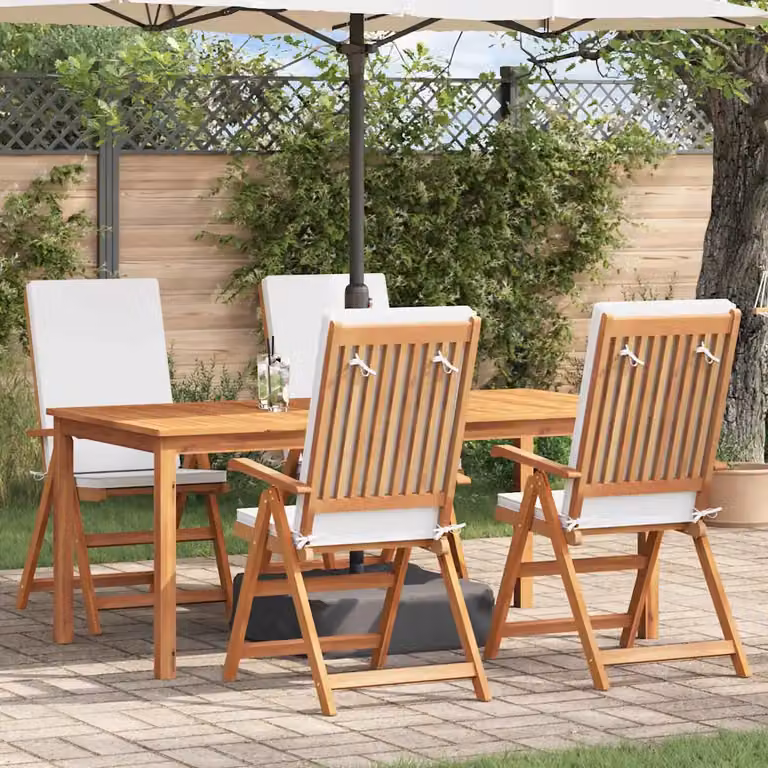 Set di 4 sedie da giardino vidaXL in legno di teak con cuscini marrone e bianco L: 57 cm, P: 71.5 cm, H: 104 cm